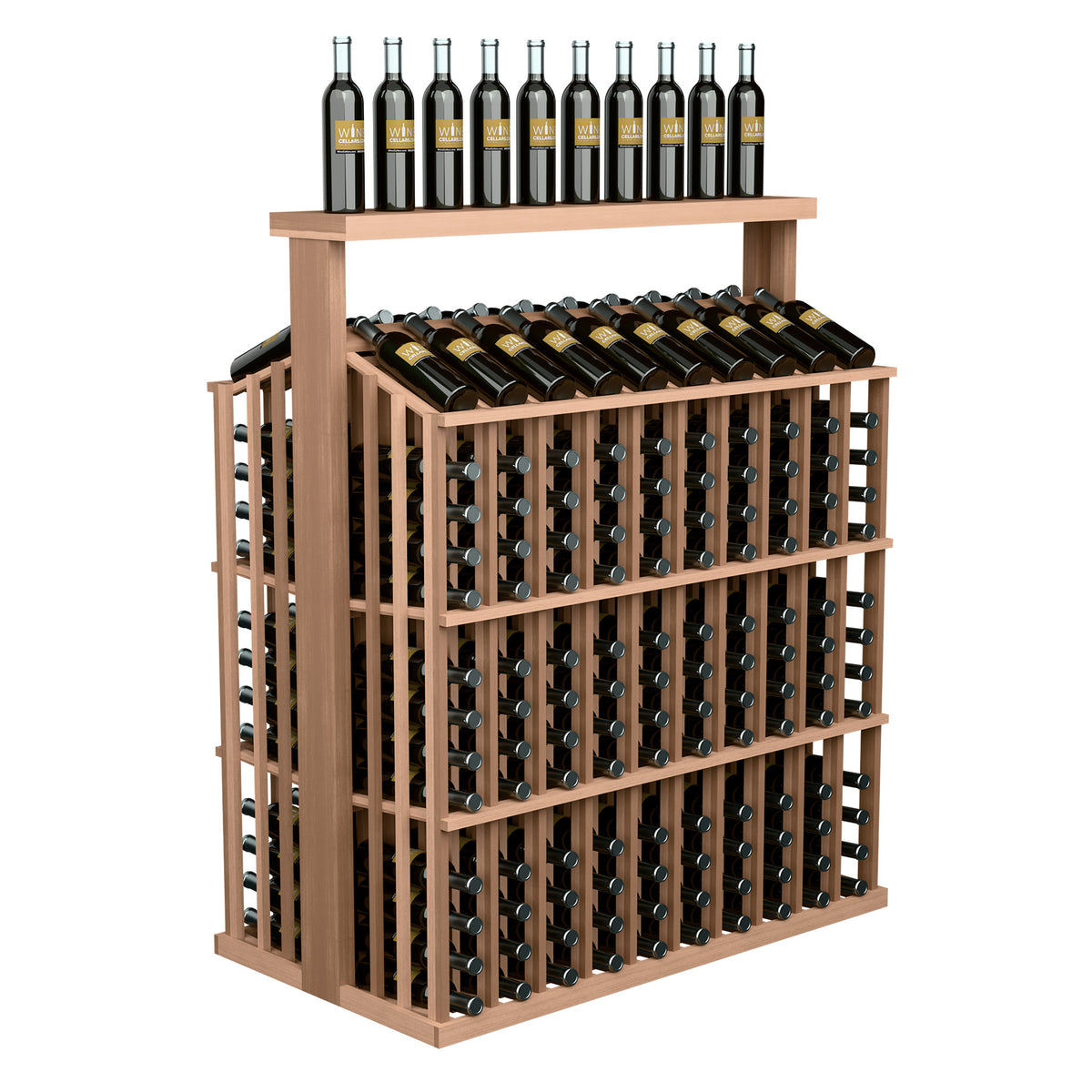 Light wood wine bottle display rack with solid top and symmetrical front bottle slots