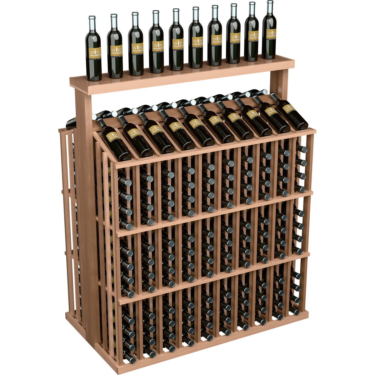 Commercial wine bottle aisle display with solid top, light wood frame and bottle rows