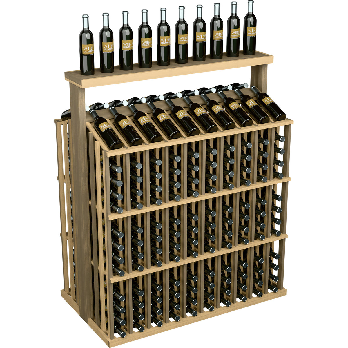 Wood wine bottle rack with solid top, bottle storage grid and side bars