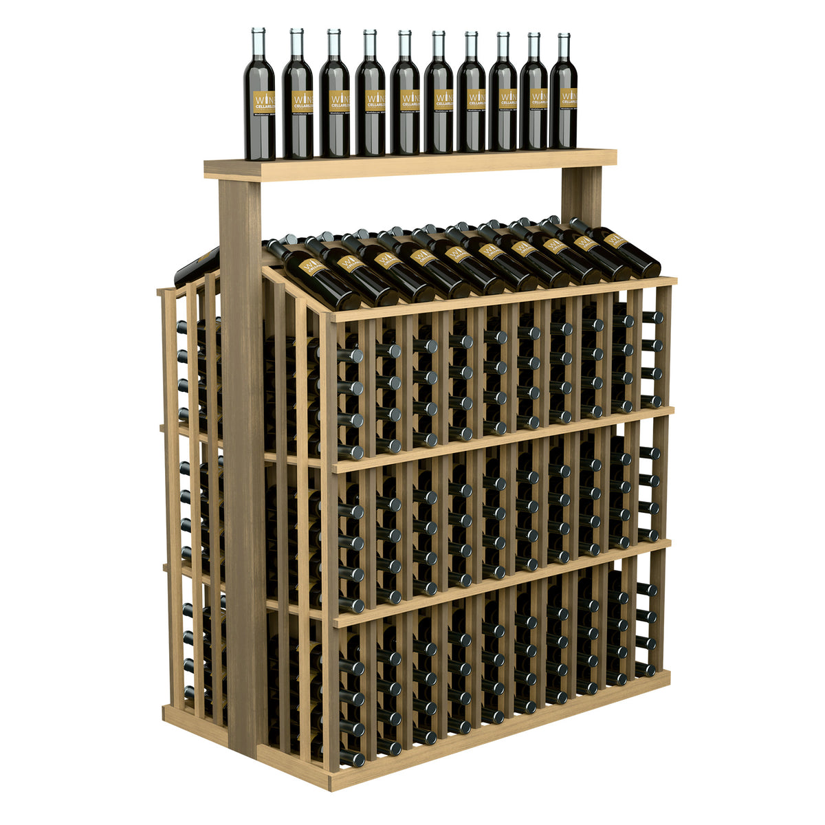 Light wood wine bottle storage rack with solid top and front bottle slots