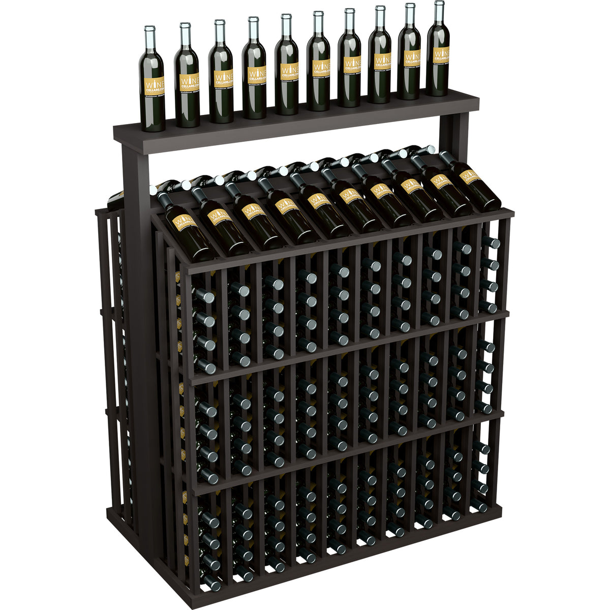 260-bottle commercial wine display with solid top, black frame and front bottle storage