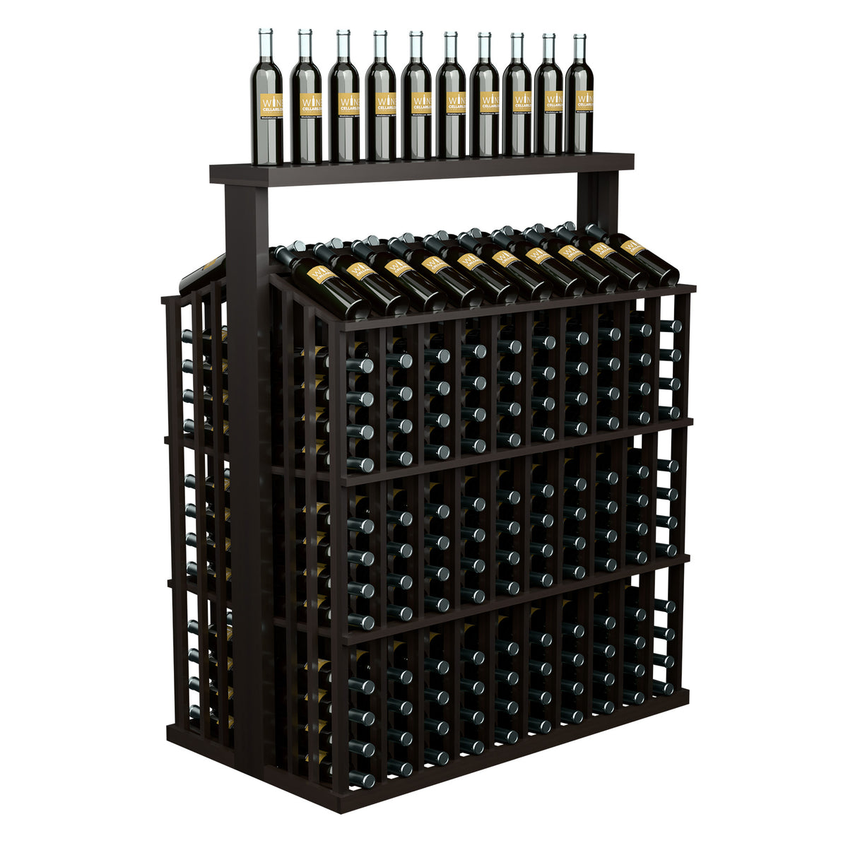Wine bottle aisle display with solid top, dark wood frame and angled front bottle holders