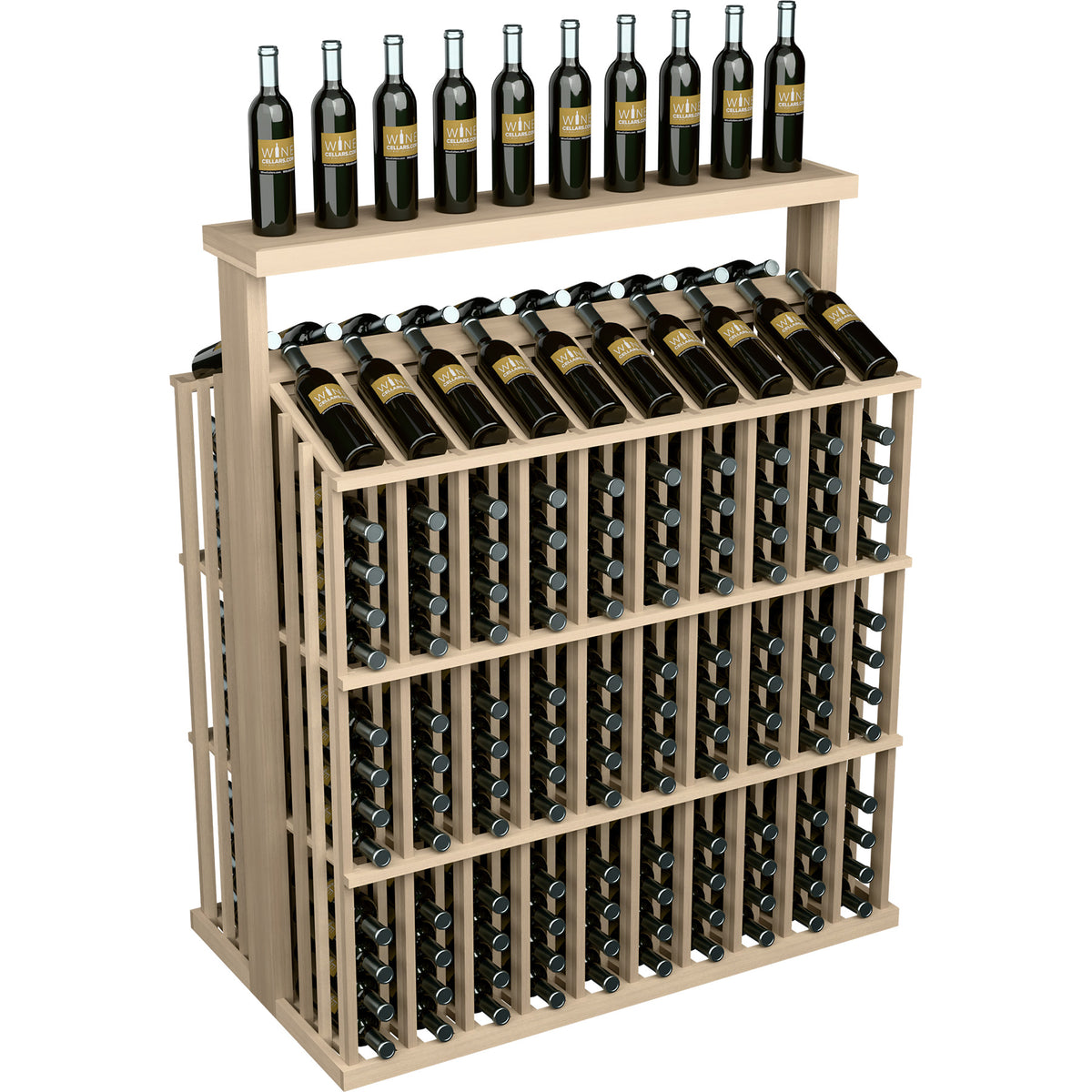 Light wood wine bottle display rack with solid top, front bottle slots, angled view
