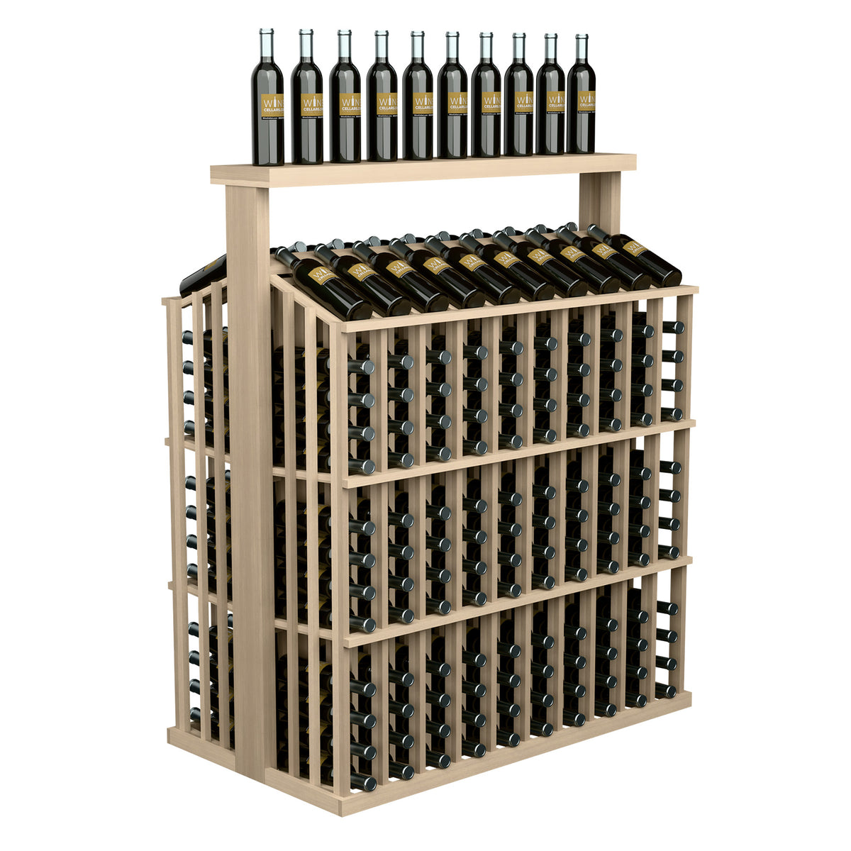 Wood wine bottle aisle display with solid top and front bottle holder grid, holds multiple bottles