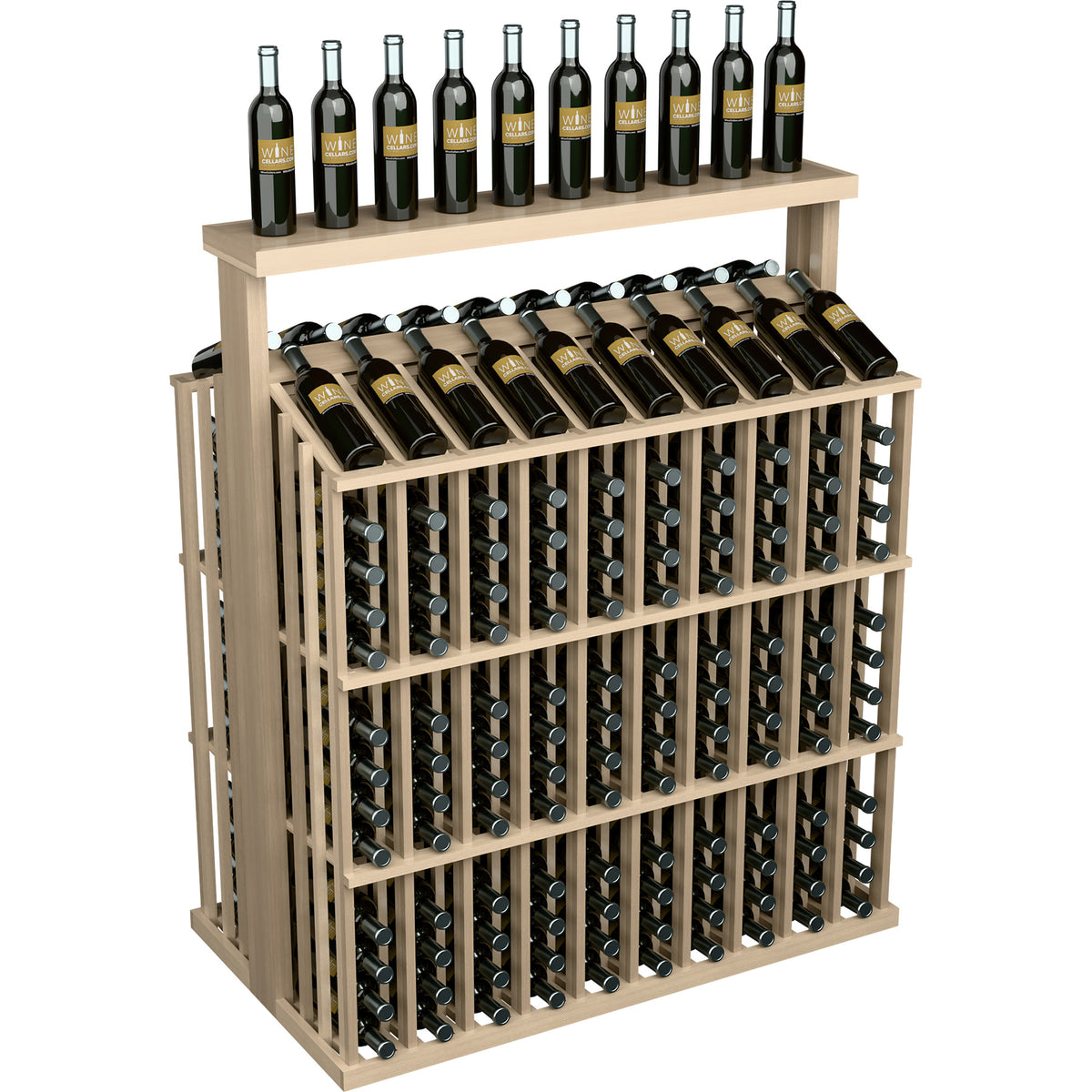 Natural wood wine bottle aisle display with solid top and front bottle storage rows