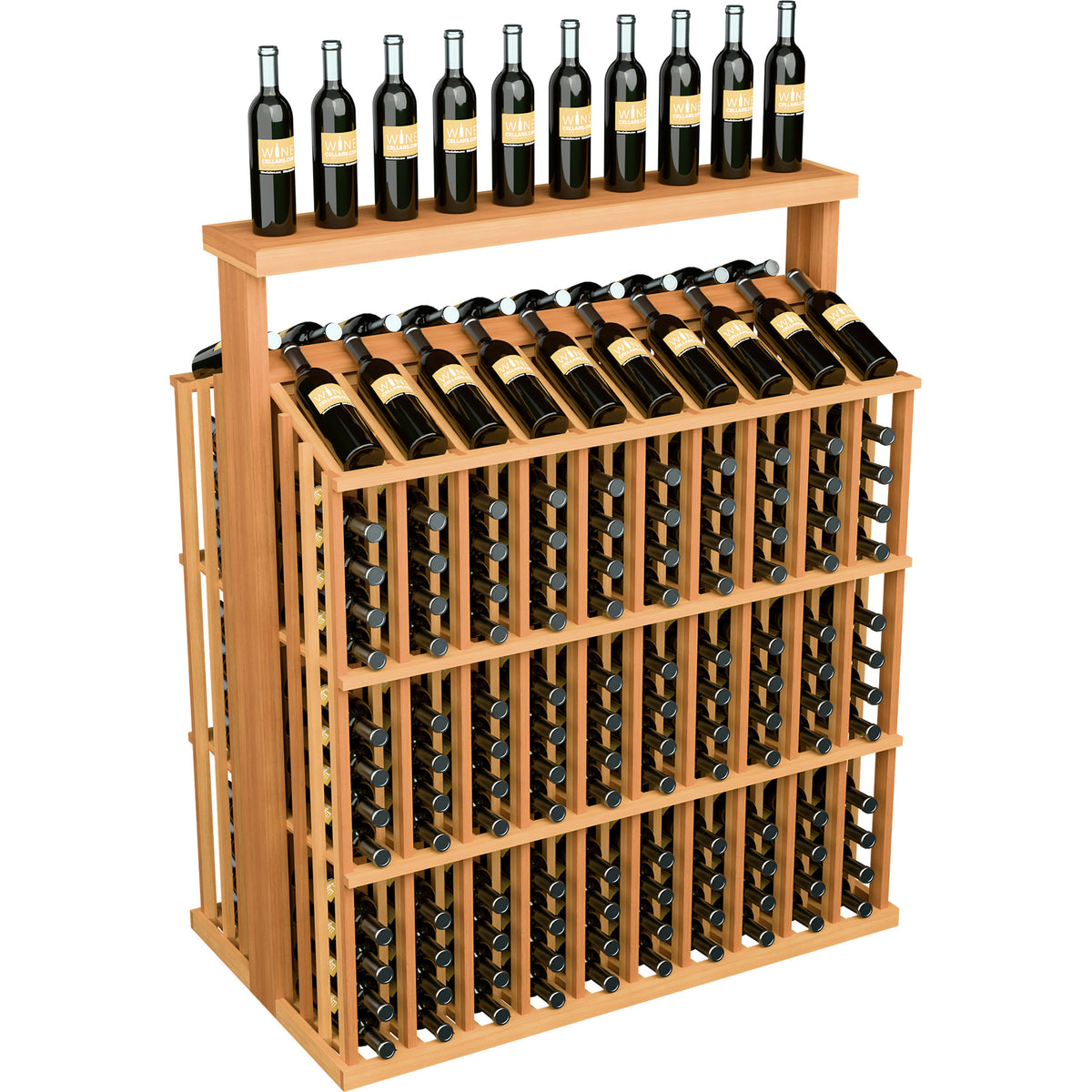 Light wooden bottle display rack with solid top and bottle holders in front grid.