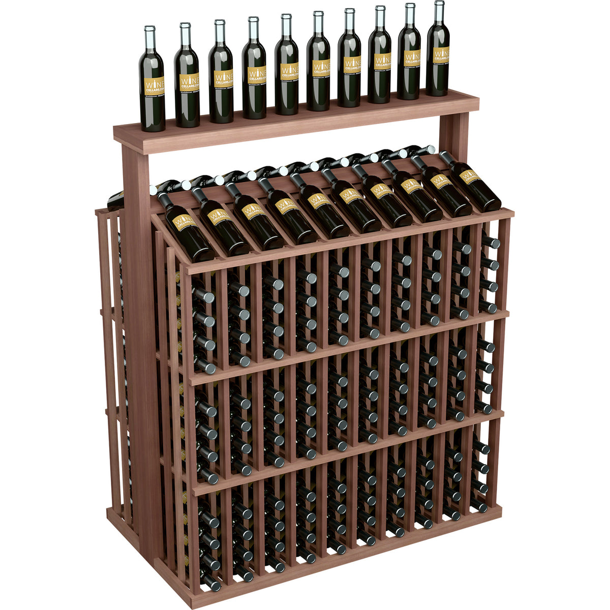 Dark brown wood bottle aisle display with solid top, bottle slots arranged in a front grid