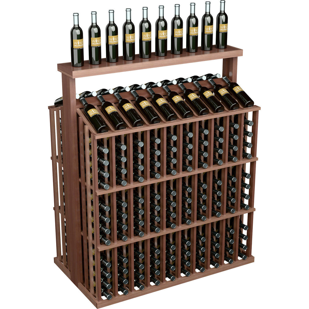 Medium brown wood wine bottle aisle display with solid top and front-access bottle cradles