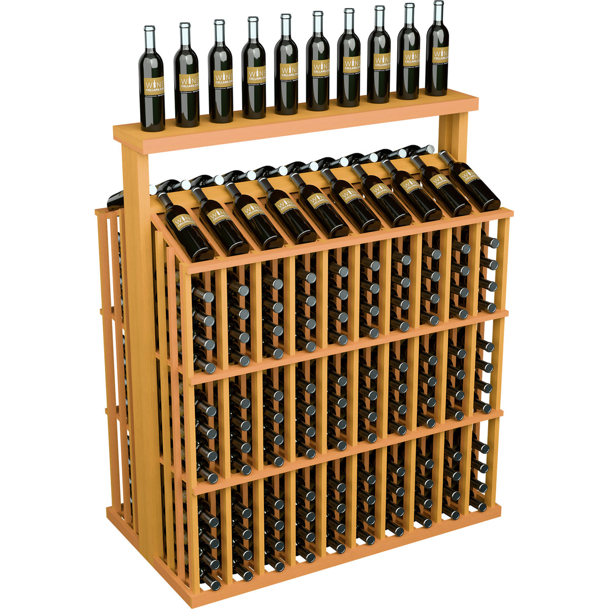 Orange-brown wooden bottle display rack with solid top and front bottle grid.