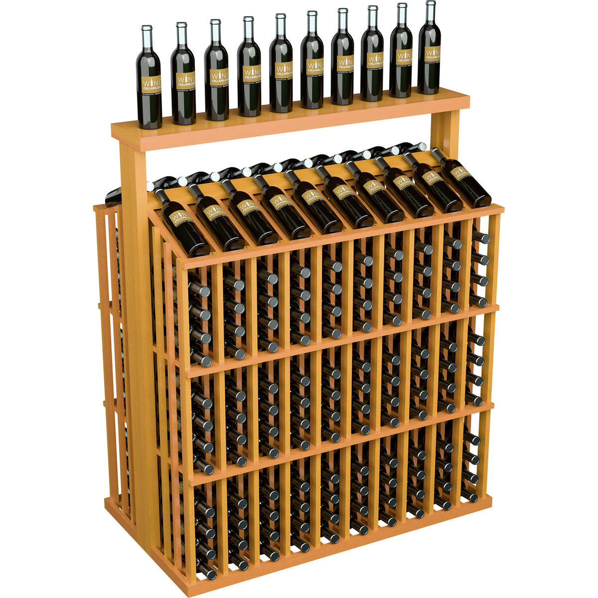Light orange wood wine bottle aisle display with solid top and front bottle storage rows