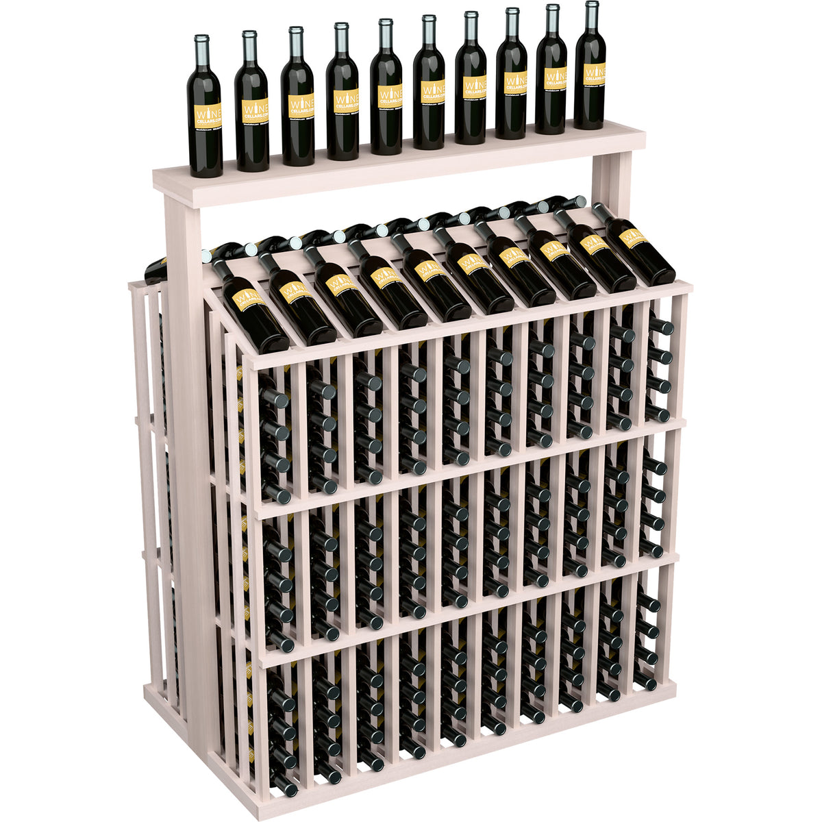 White wine bottle aisle display with solid top, slanted bottle holder slots on front