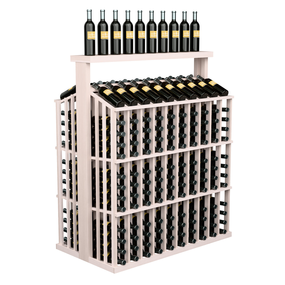 260-bottle commercial wine display with solid top, light wood frame and front bottle grid