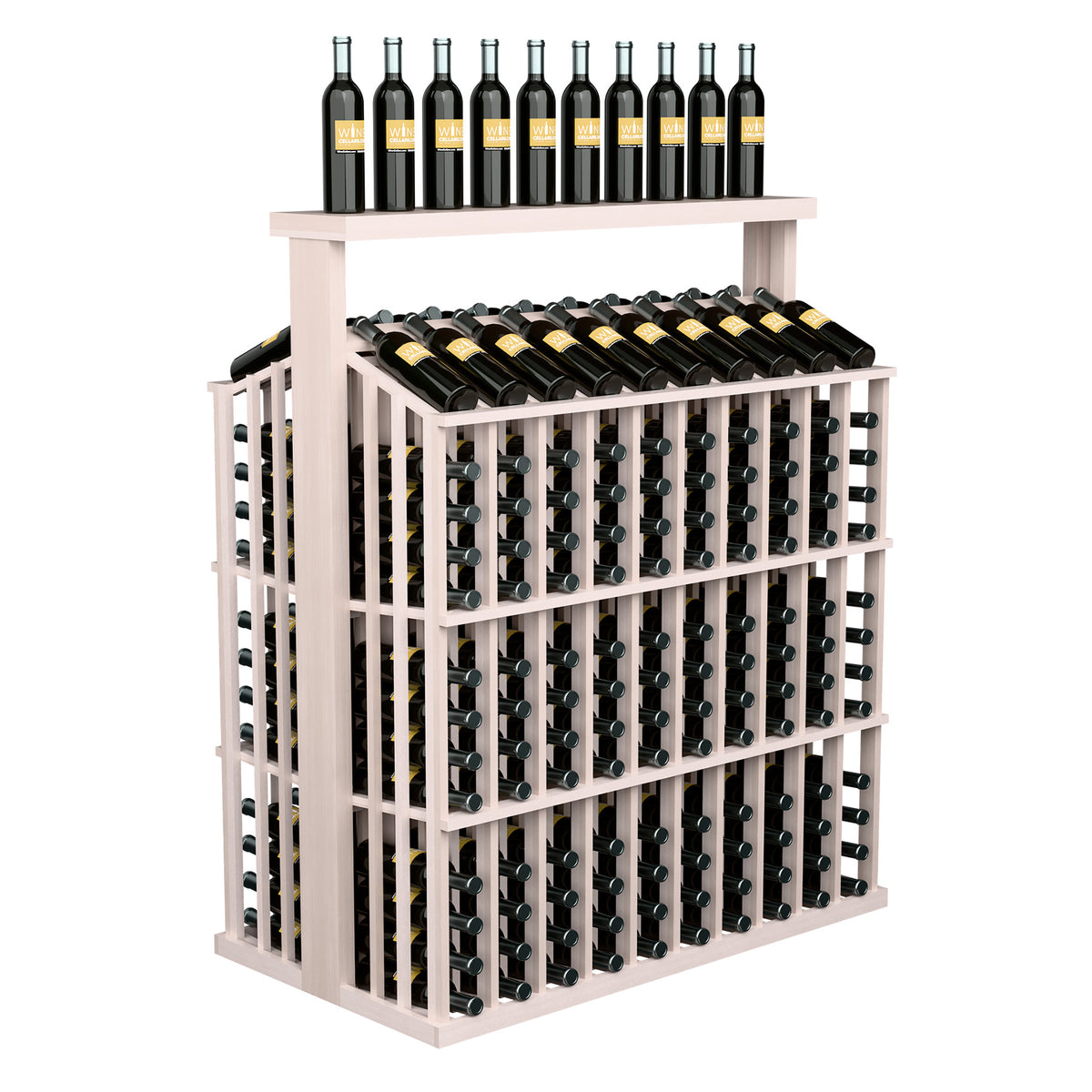 White wood wine bottle aisle display with solid top and front stacked bottle holder rows
