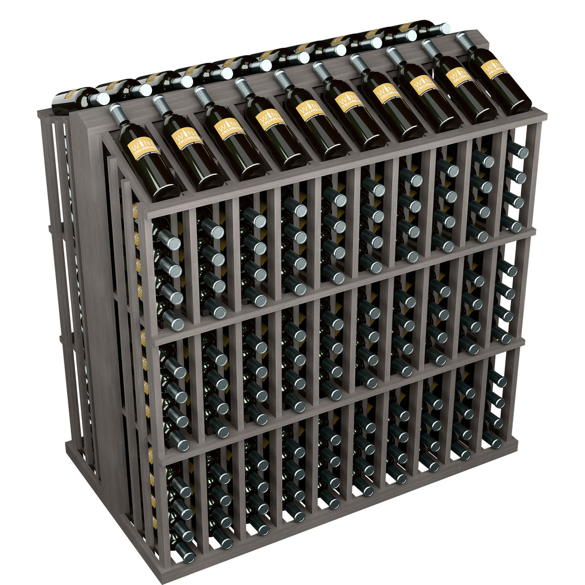 Dark wine bottle display rack with bottles on top and front grid of bottle holders