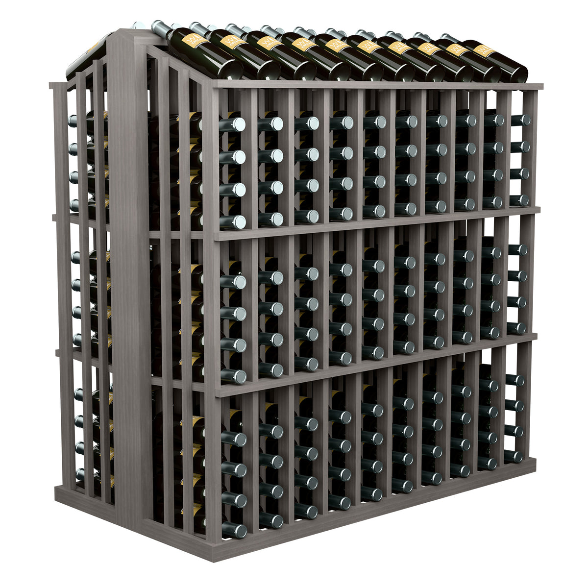 Dark gray wood aisle wine bottle rack with rows of bottle holders and top bottles