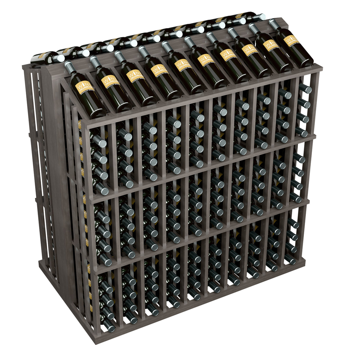 Wine bottle display rack with 10 rows of slots and upright bottles, dark stained wood frame