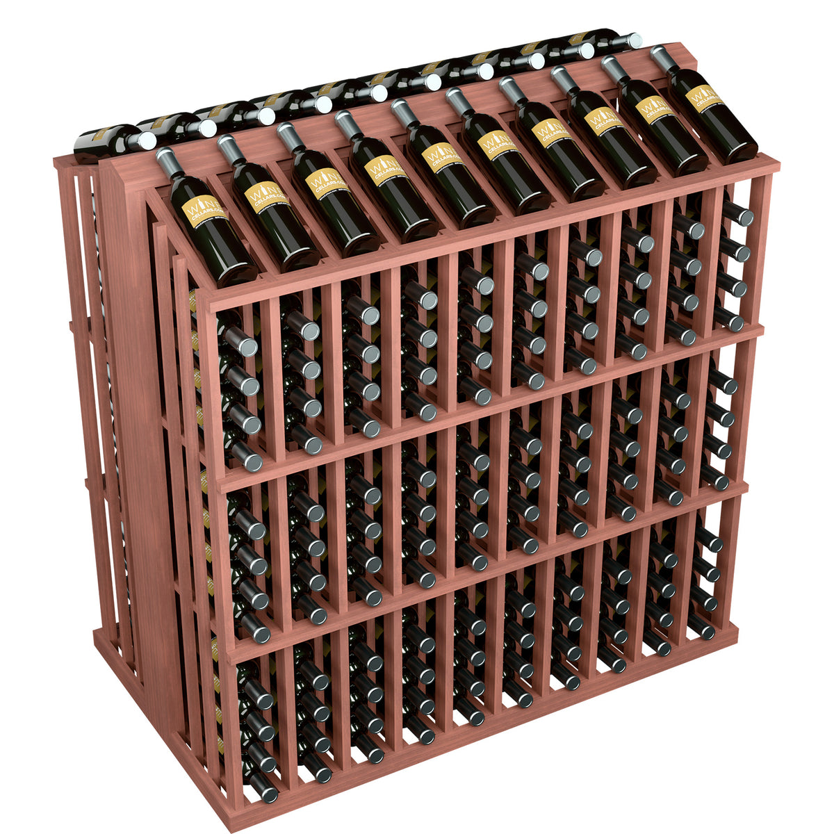 Wine bottle display rack with dark wine bottles in reddish-brown wooden grid