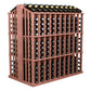 Commercial aisle wine bottle display rack with pink wood frame and rows of wine bottles