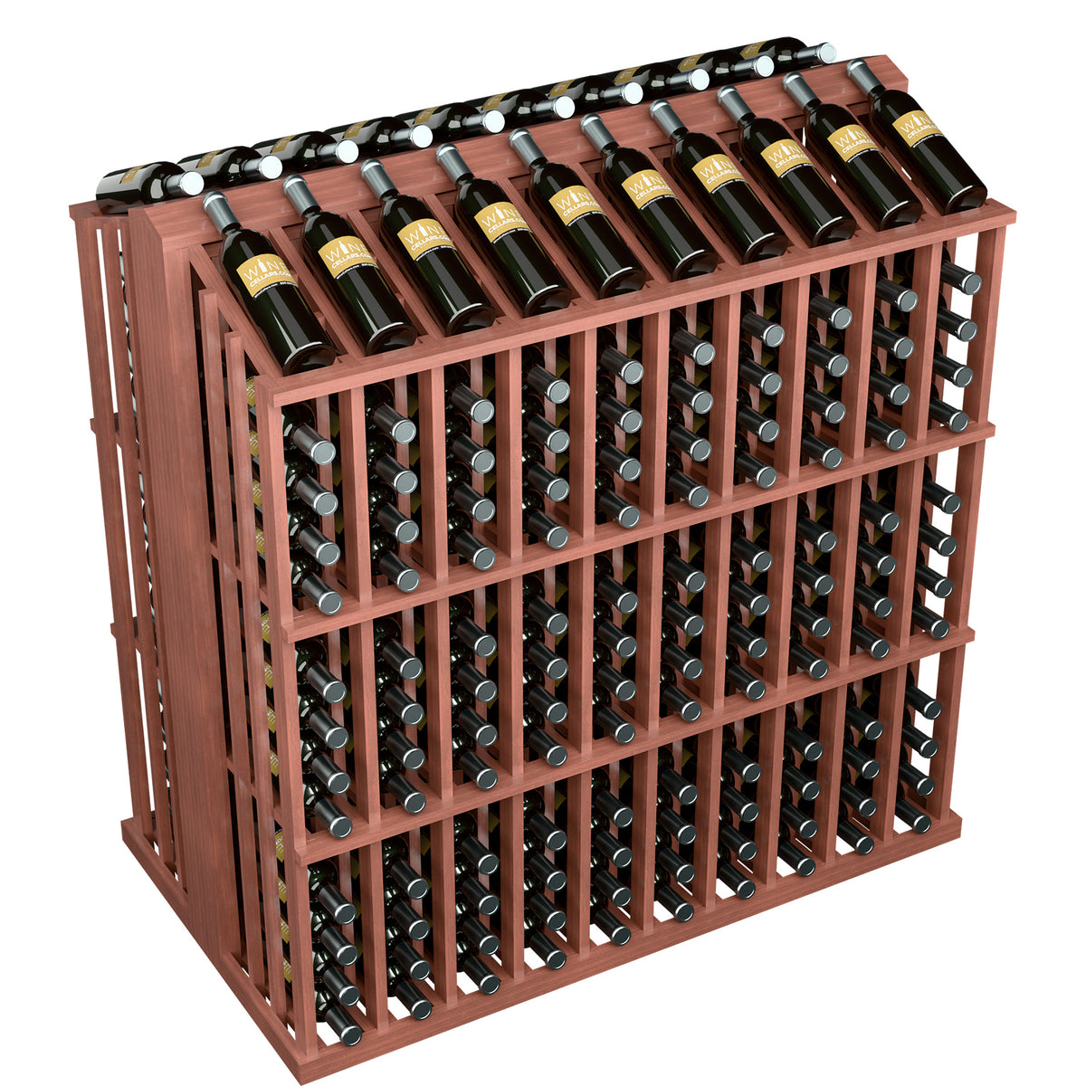 Wine bottle display rack with bottle slots and upright bottles, reddish stained wood frame
