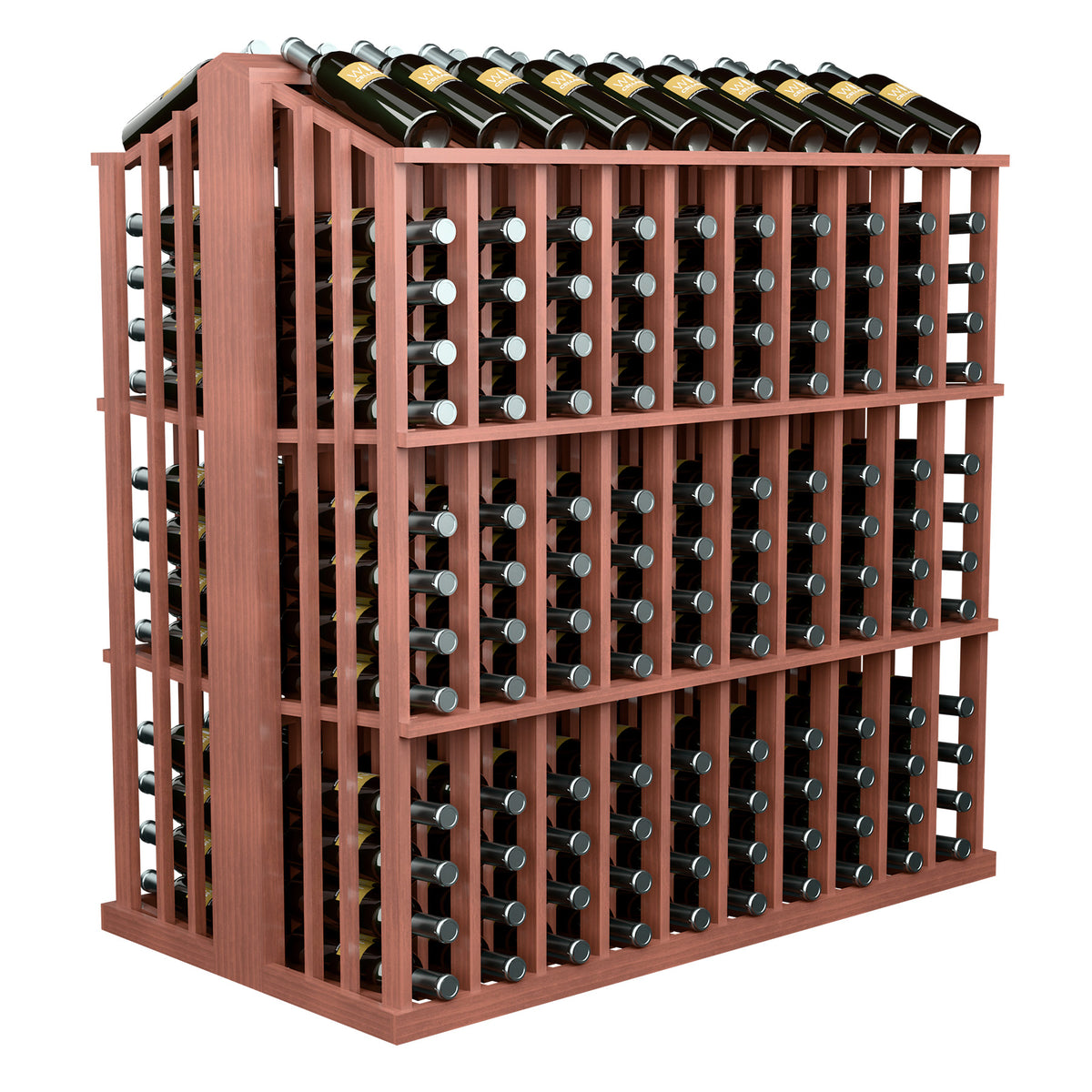 Wine bottle display rack with bottle slots and upright bottles, warm red-toned wood frame