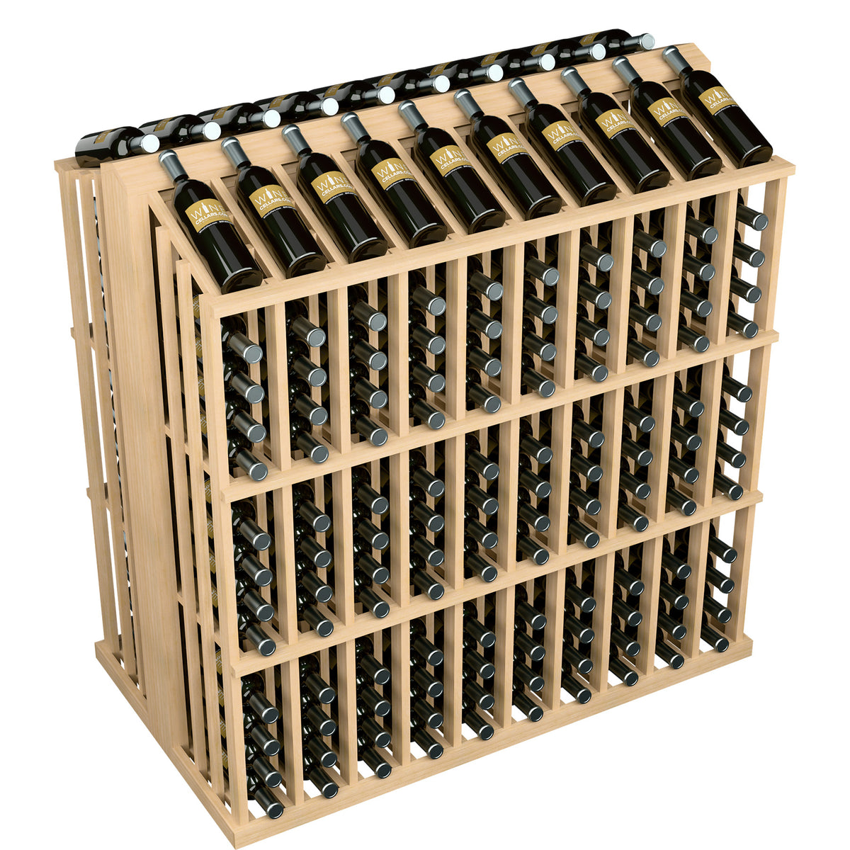 Wine bottle display rack with dark wine bottles in blonde wood slat structure
