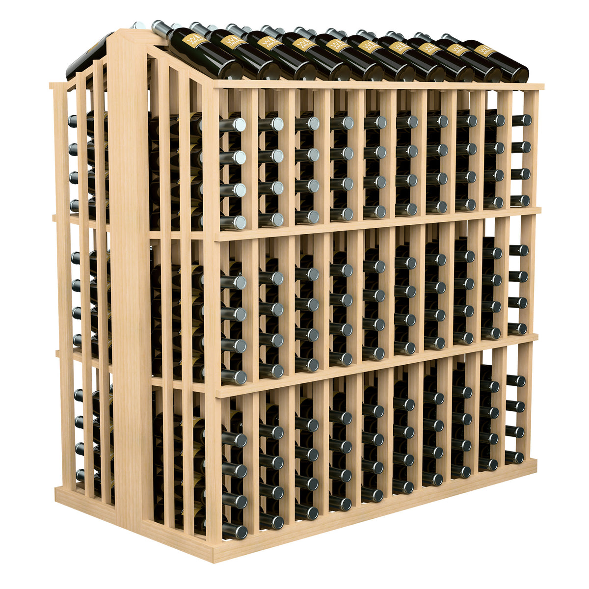Wine bottle commercial aisle display rack in light wood with open front and bottle slots