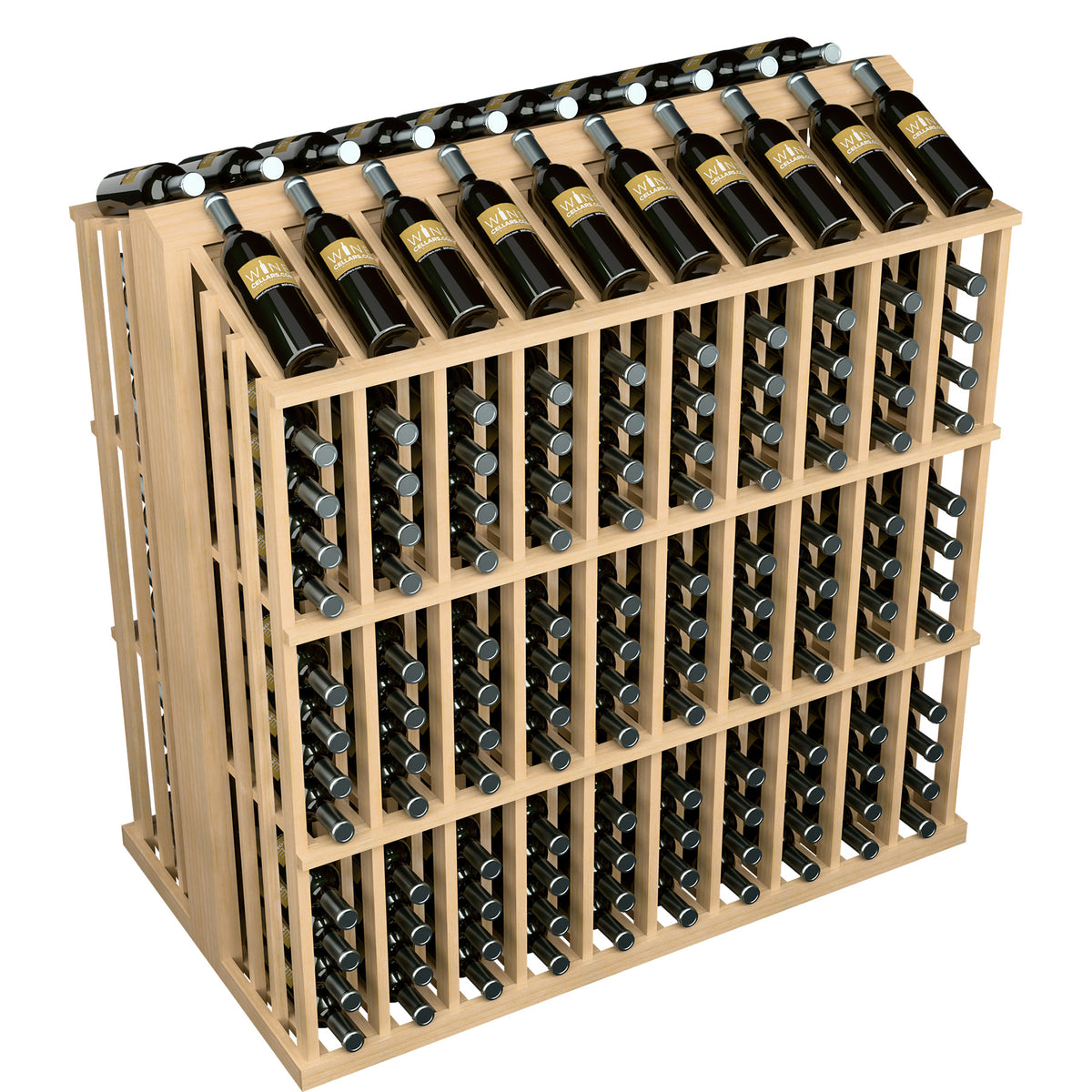 Wine bottle display rack with bottle slots and upright bottles, light natural wood frame