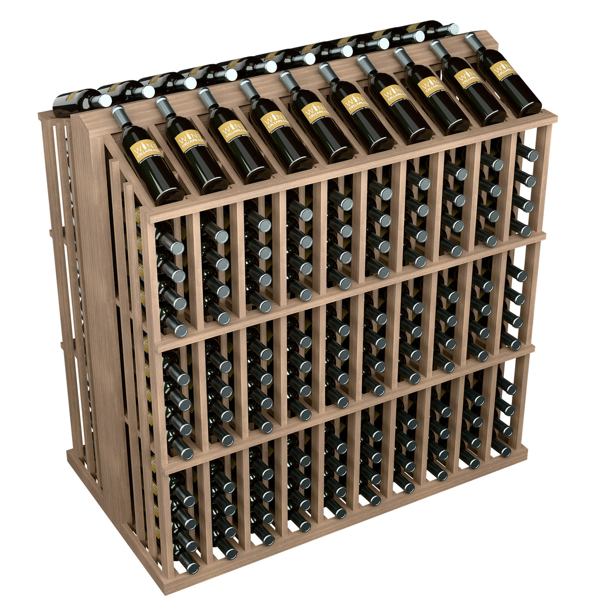 Wine bottle display rack with dark wine bottles in medium brown wooden crate