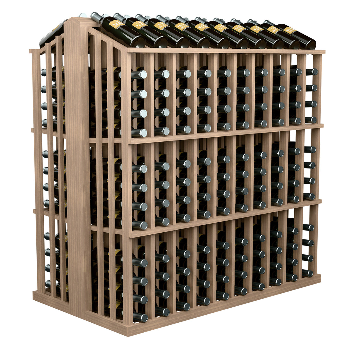 Natural wood 260-bottle aisle wine rack with metal circular bottle pegs and top bottles