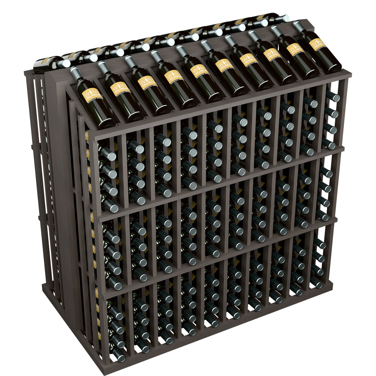 Black aisle wine bottle rack with front lattice sides and metal bottle holders