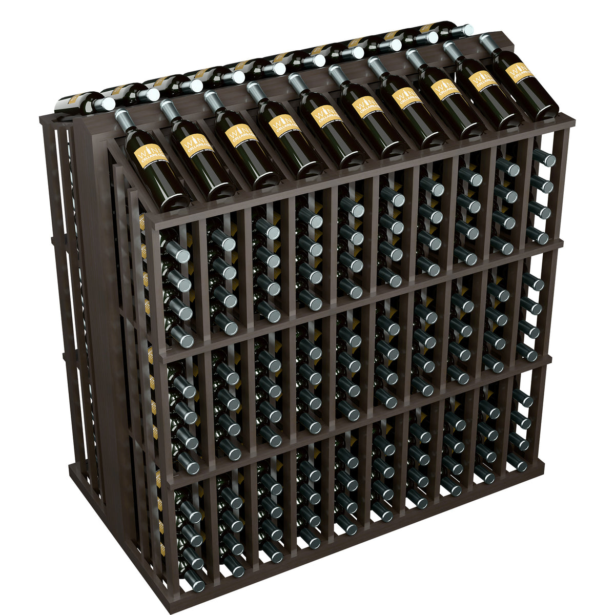 Wine bottle display rack with many bottle slots and upright bottles, dark stained wood frame