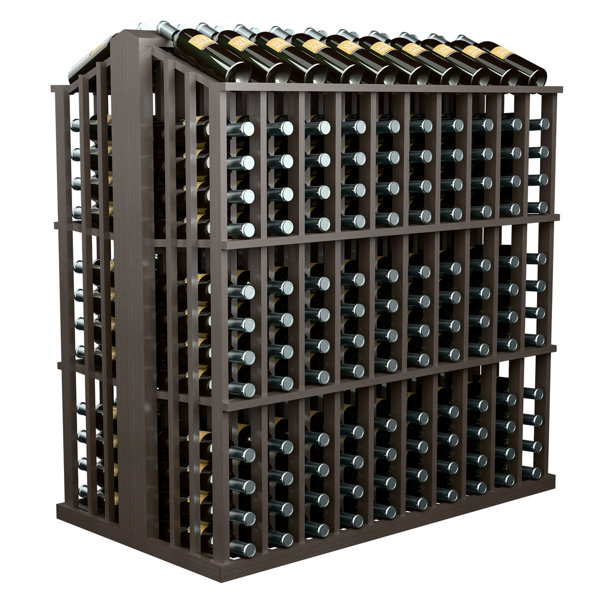 Wine bottle display rack with bottle slots and upright bottles, dark gray stained wood frame