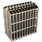 Wine bottle commercial aisle display rack with light wood frame and front wine bottle rows