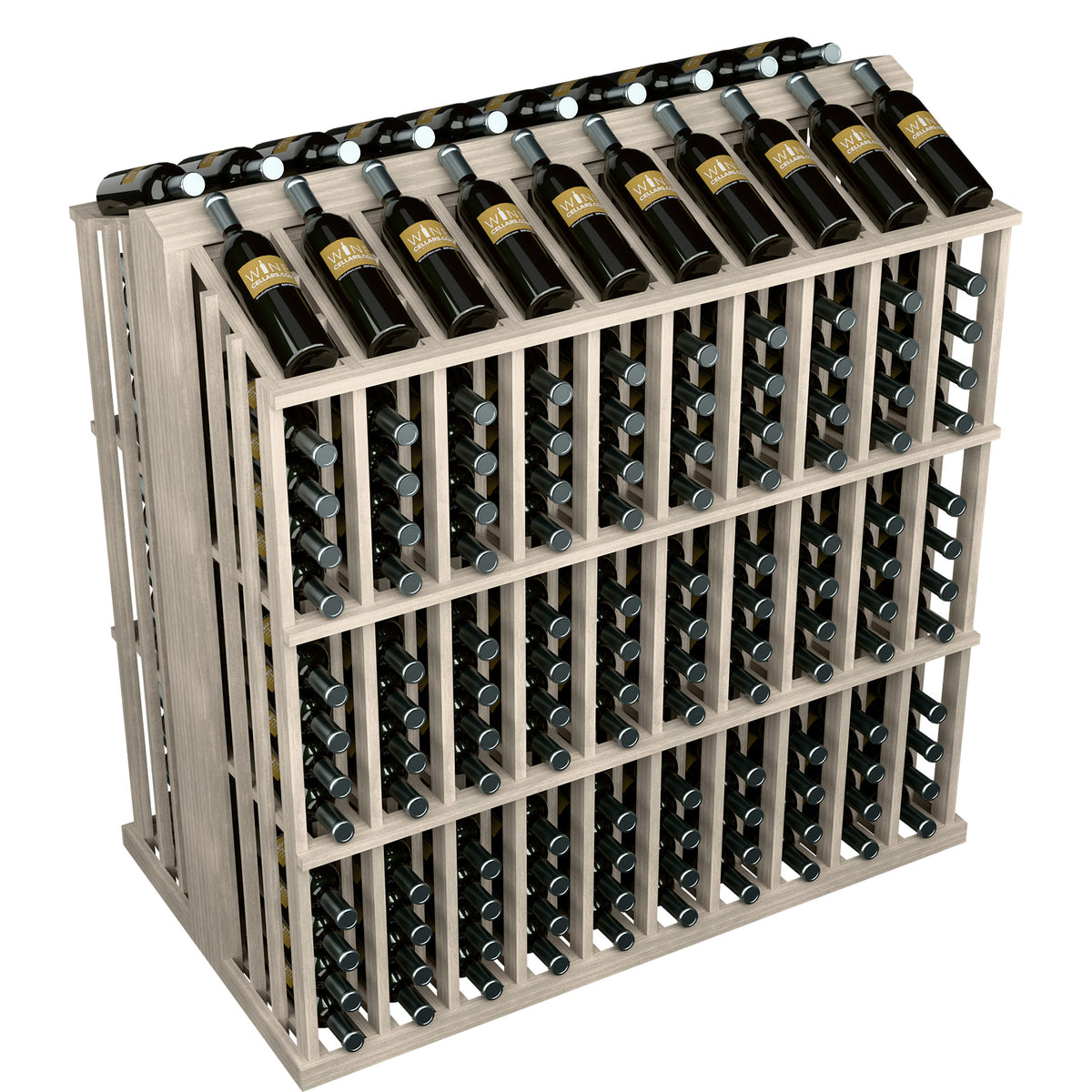 Wine bottle commercial aisle display rack with light wood frame and front wine bottle rows