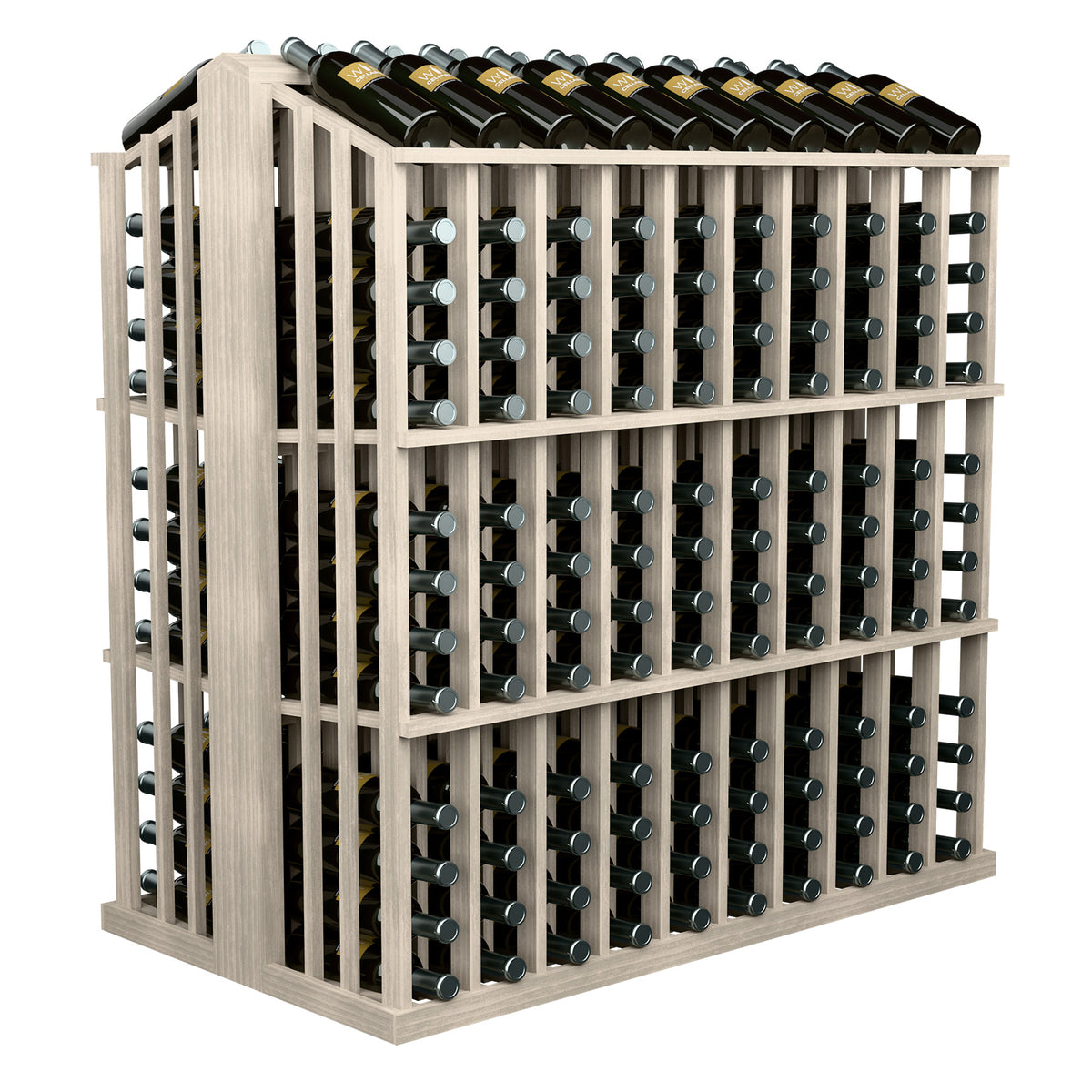 Pale wood 260-bottle aisle display rack with metal bottle holders and neatly arranged bottles
