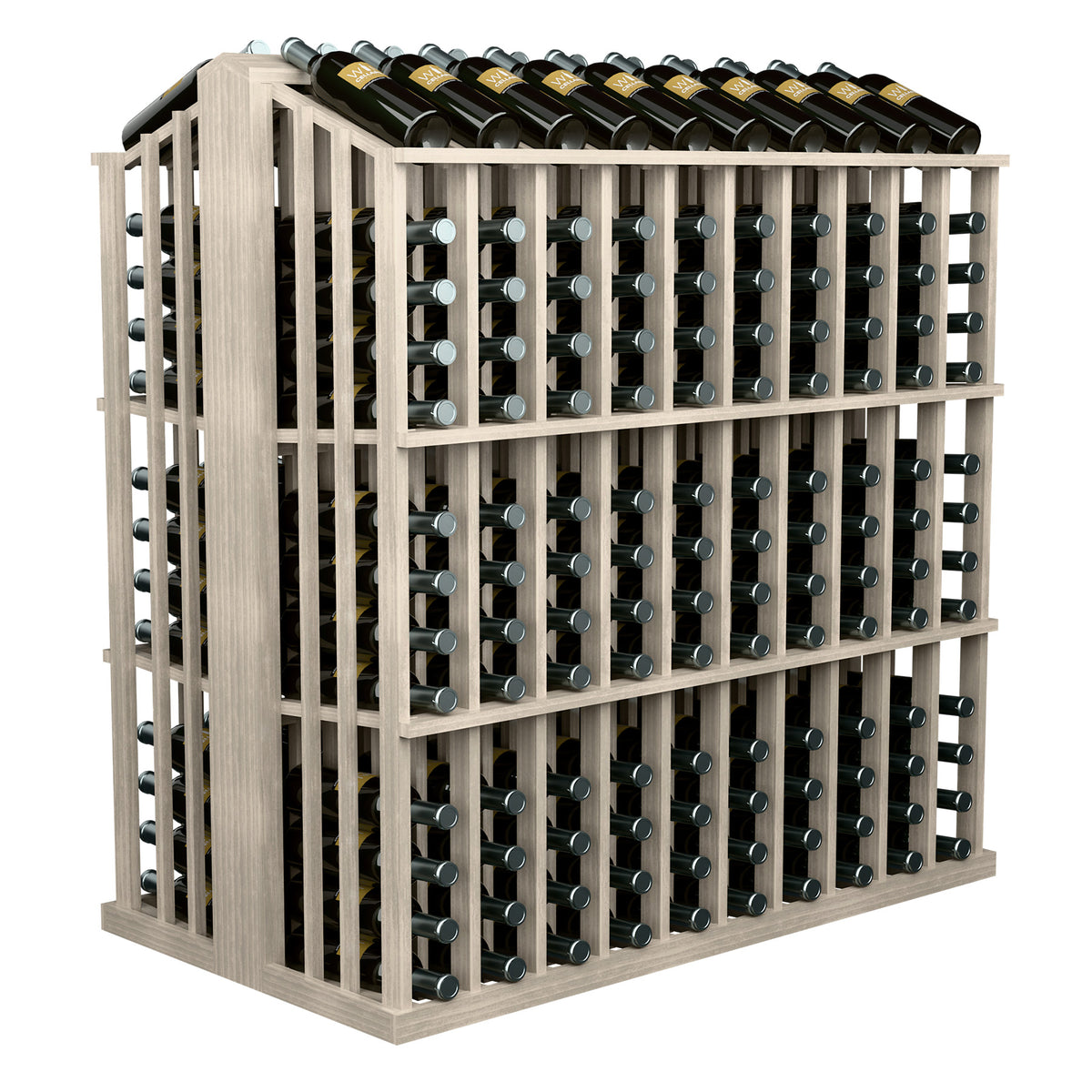 Light wood wine bottle aisle display rack showing front grid of bottle holders and side slats