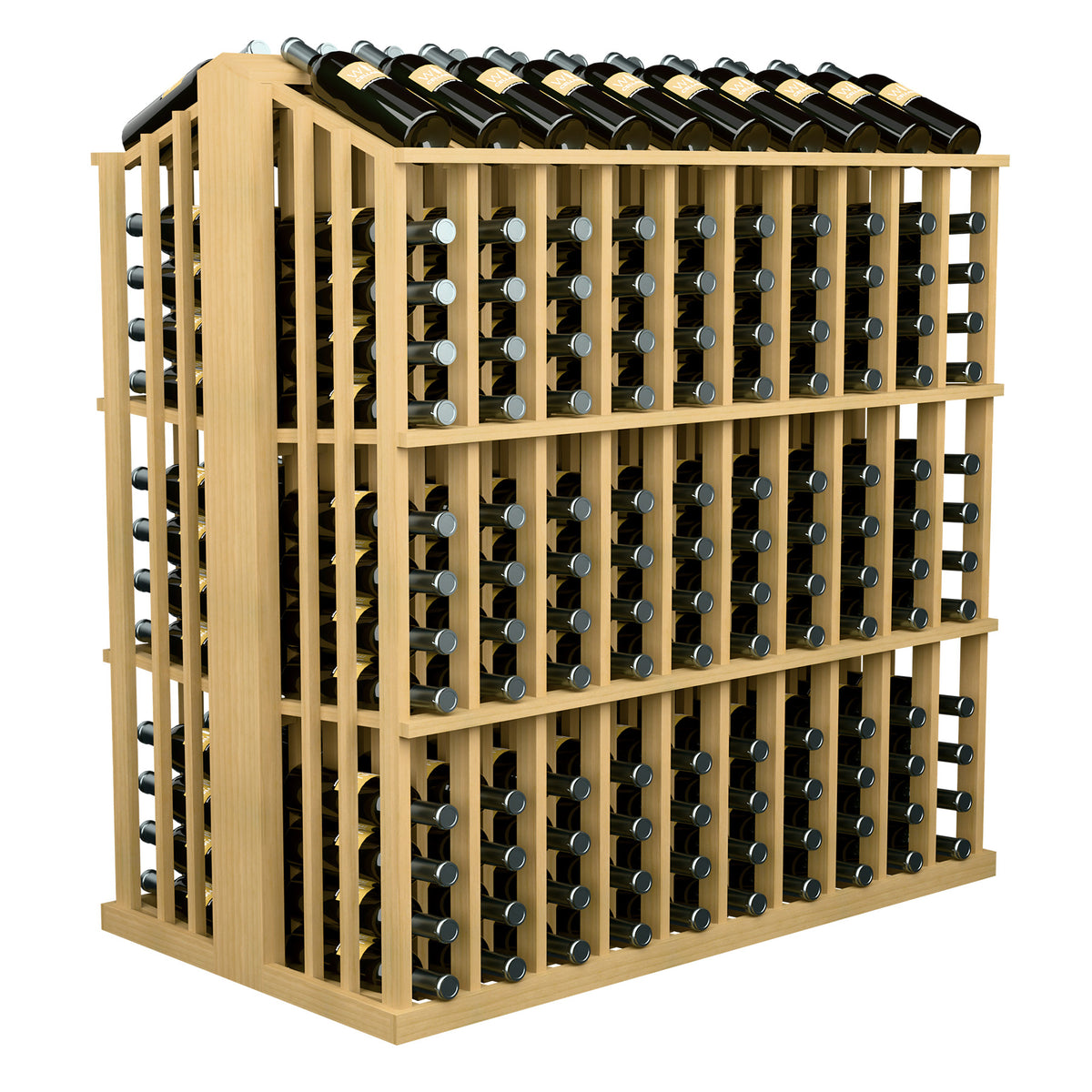 Commercial aisle wine bottle display rack with tan wood frame and multiple rows of wine bottles