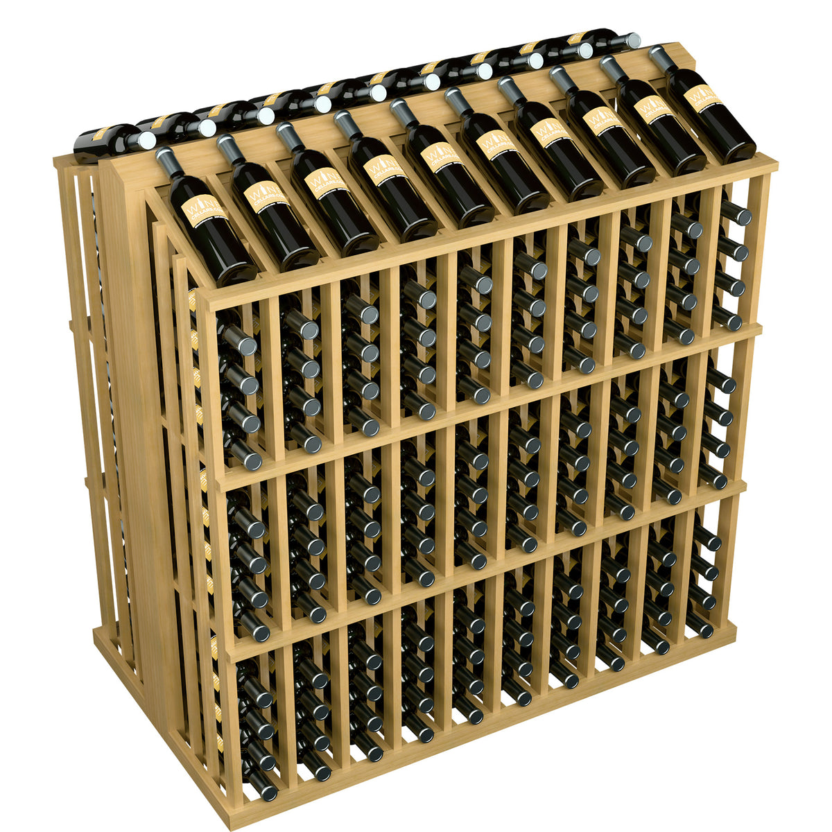 Natural wood wine bottle aisle display rack with front rows of bottle slots and top row