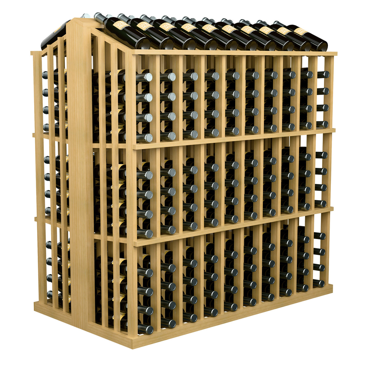 Natural wood wine bottle aisle display rack with bottle slot front and open side panels