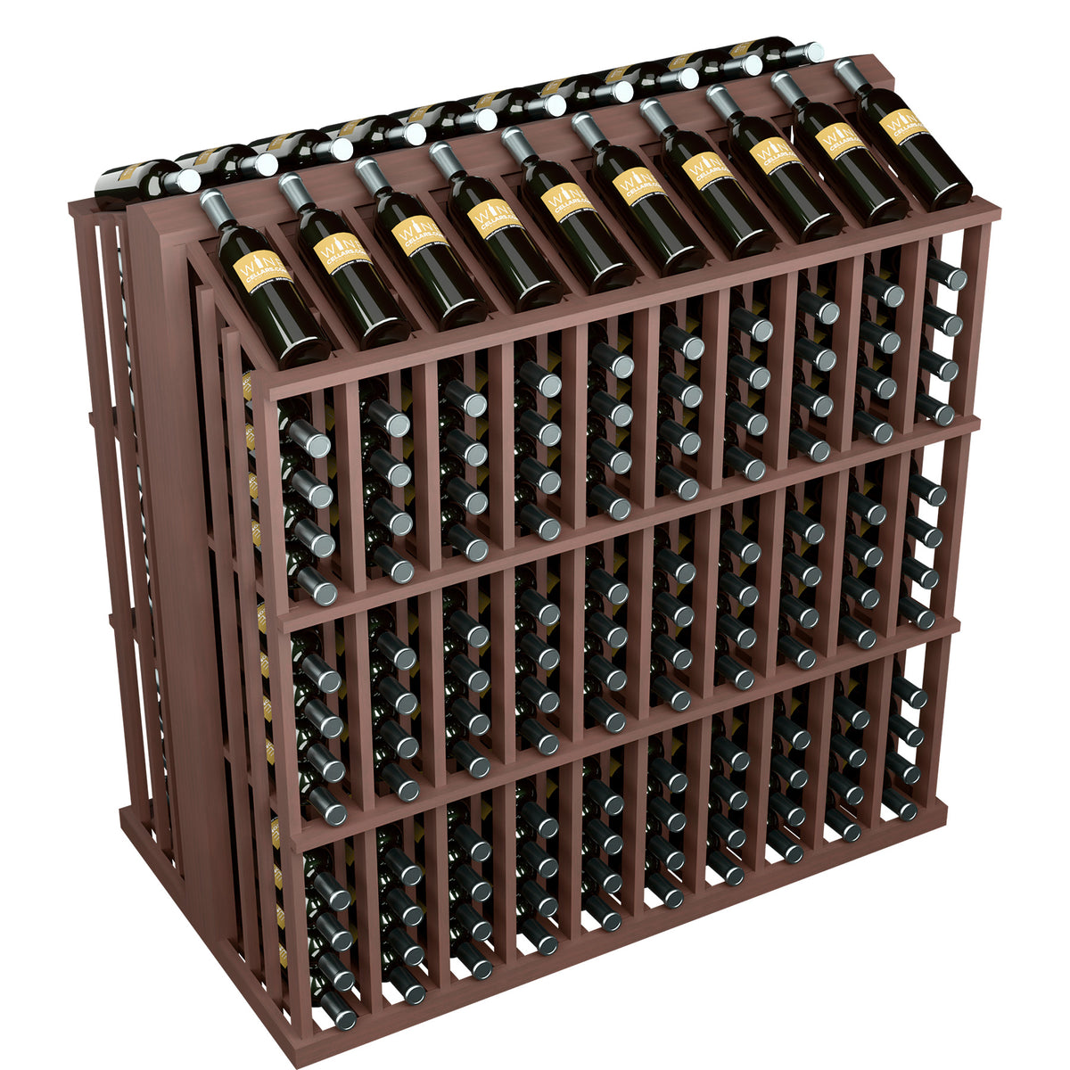 Commercial aisle wine bottle display rack with dark brown frame and standing wine bottles