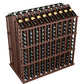 Dark brown wine bottle aisle display rack with front bottle holder grid and top bottles