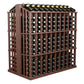 Dark brown wine bottle aisle display rack with front bottle slots and top bottle row