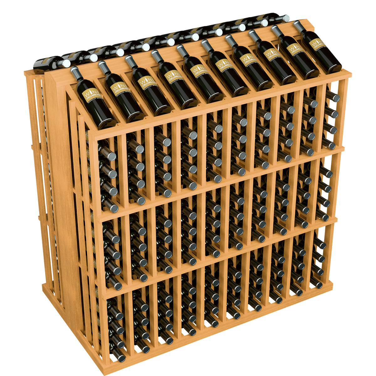 Wood bottle aisle display rack with bottle holders and bottles displayed on the top shelf.