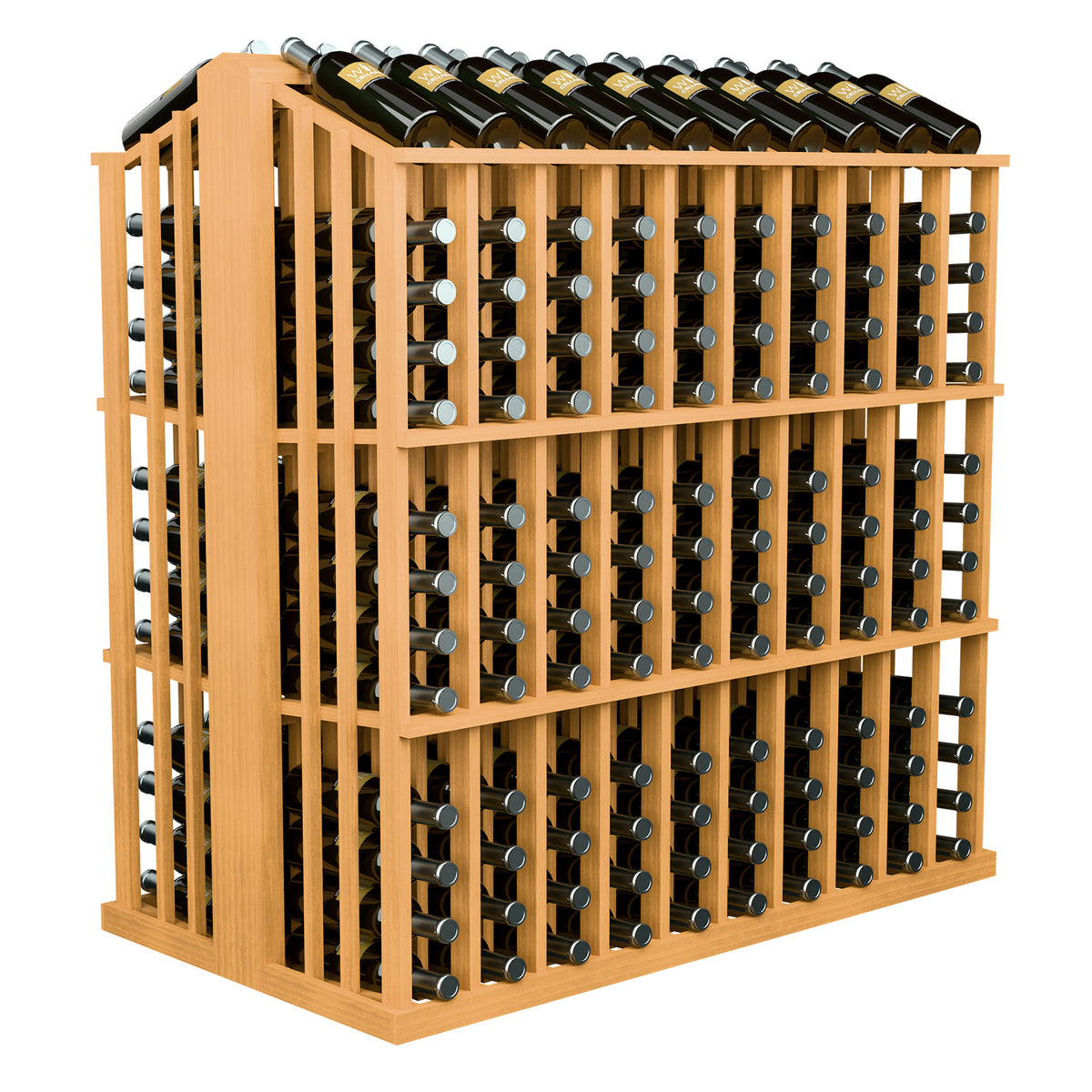 260-bottle aisle display rack with light wood frame and wine bottles in evenly spaced cylinders