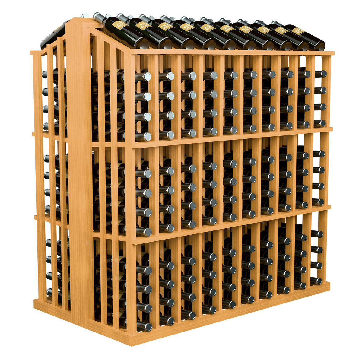 Light honey wood wine bottle aisle display rack with front grid of bottle slots and top bottles