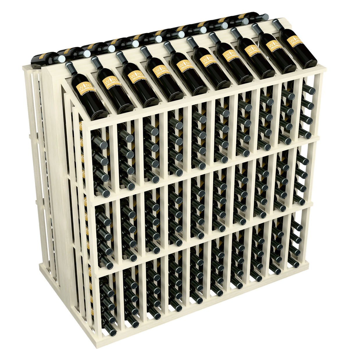 White 260-bottle commercial wine rack with metal pegs holding bottles in grid rows