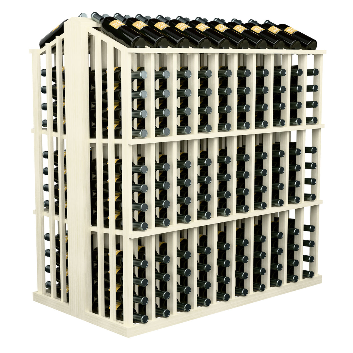 Light cream wood aisle wine bottle rack with rows of bottle holders and bottles on top