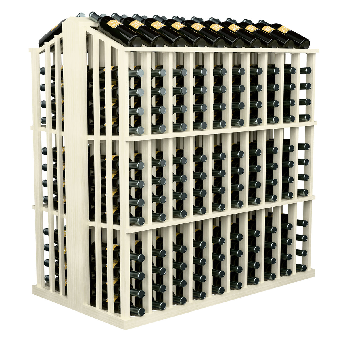 White-stained wine bottle aisle display rack with front bottle holder rows and top row