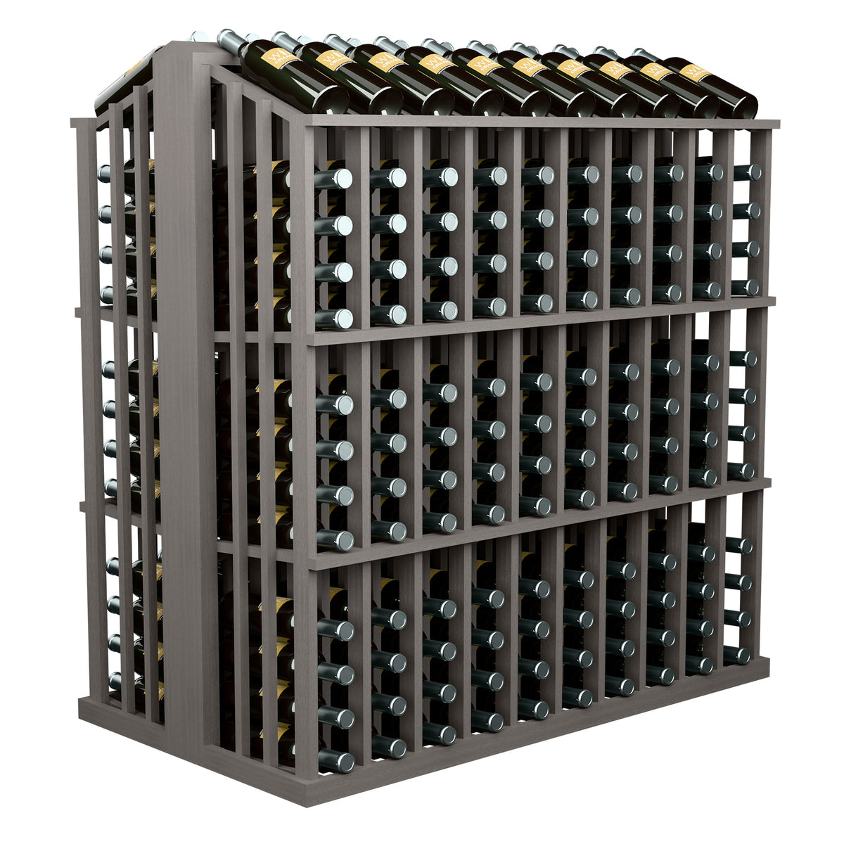 Dark gray wine bottle display rack showing front grid of bottle holders and top bottles