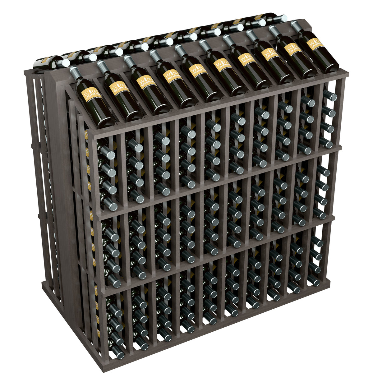 Commercial wine bottle display rack in dark stained wood with metal bottle holder pegs